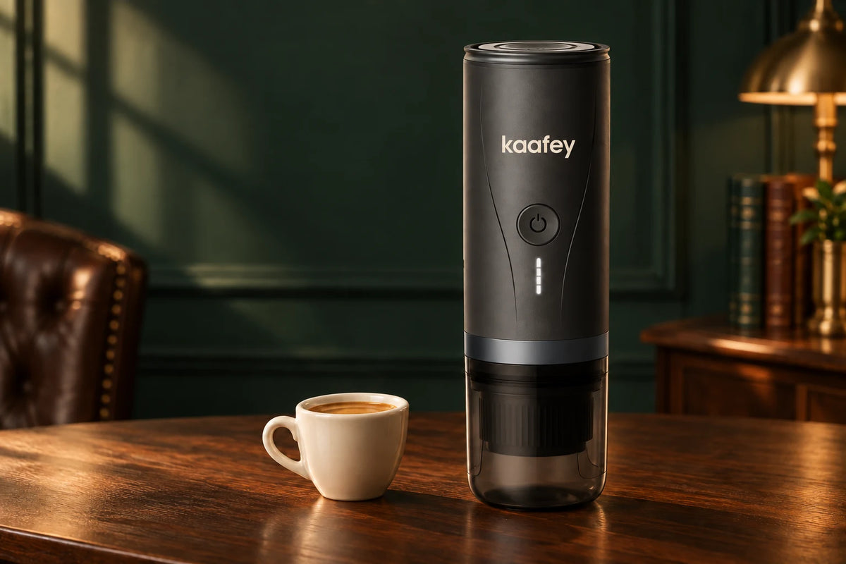Zwarte KAAFEY draagbare koffiemachine met KAAFEY-logo