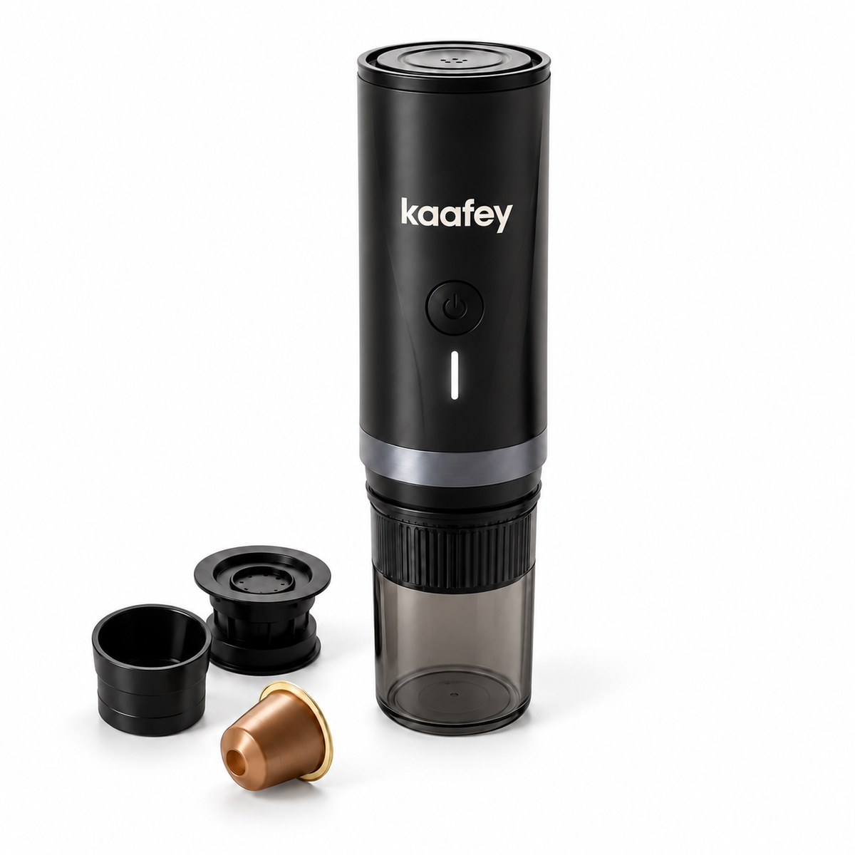 KAAFEY zwart met logo en koffieaccessoires op witte achtergrond