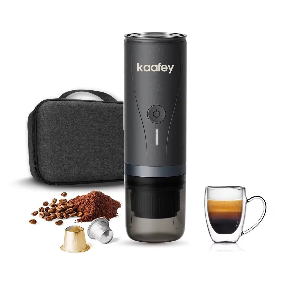KAAFEY draagbare koffiemachine met opberghoes, kopje, capsules en gemalen koffie