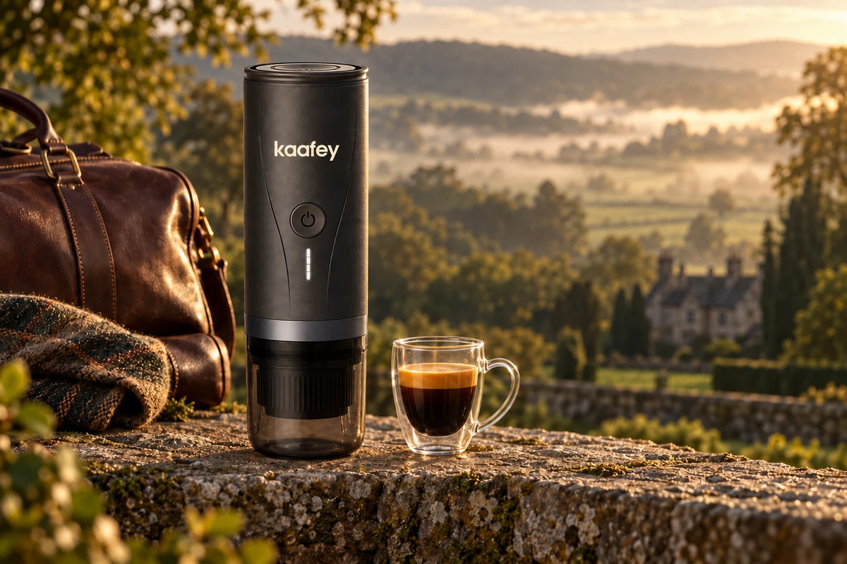 KAAFEY koffiemachine met koffie buiten in het groen